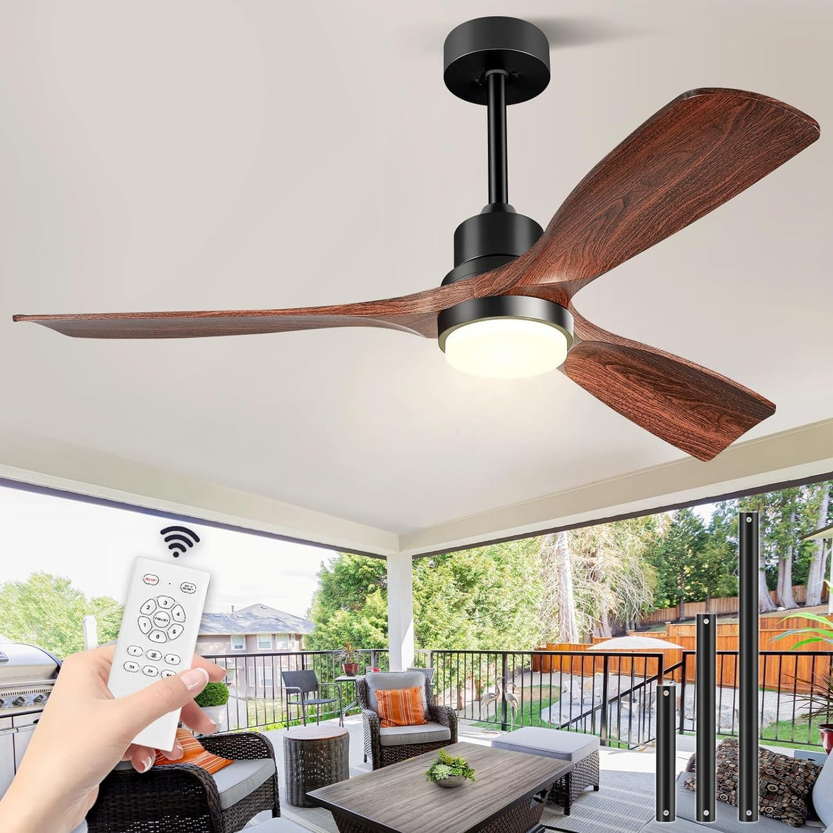 Forrovenco Deckenventilator mit Beleuchtung & Fernbedienung, 132cm. Rundes Gehäuse, Rotorblätter. Erzeugt Luftzirkulation und Licht.