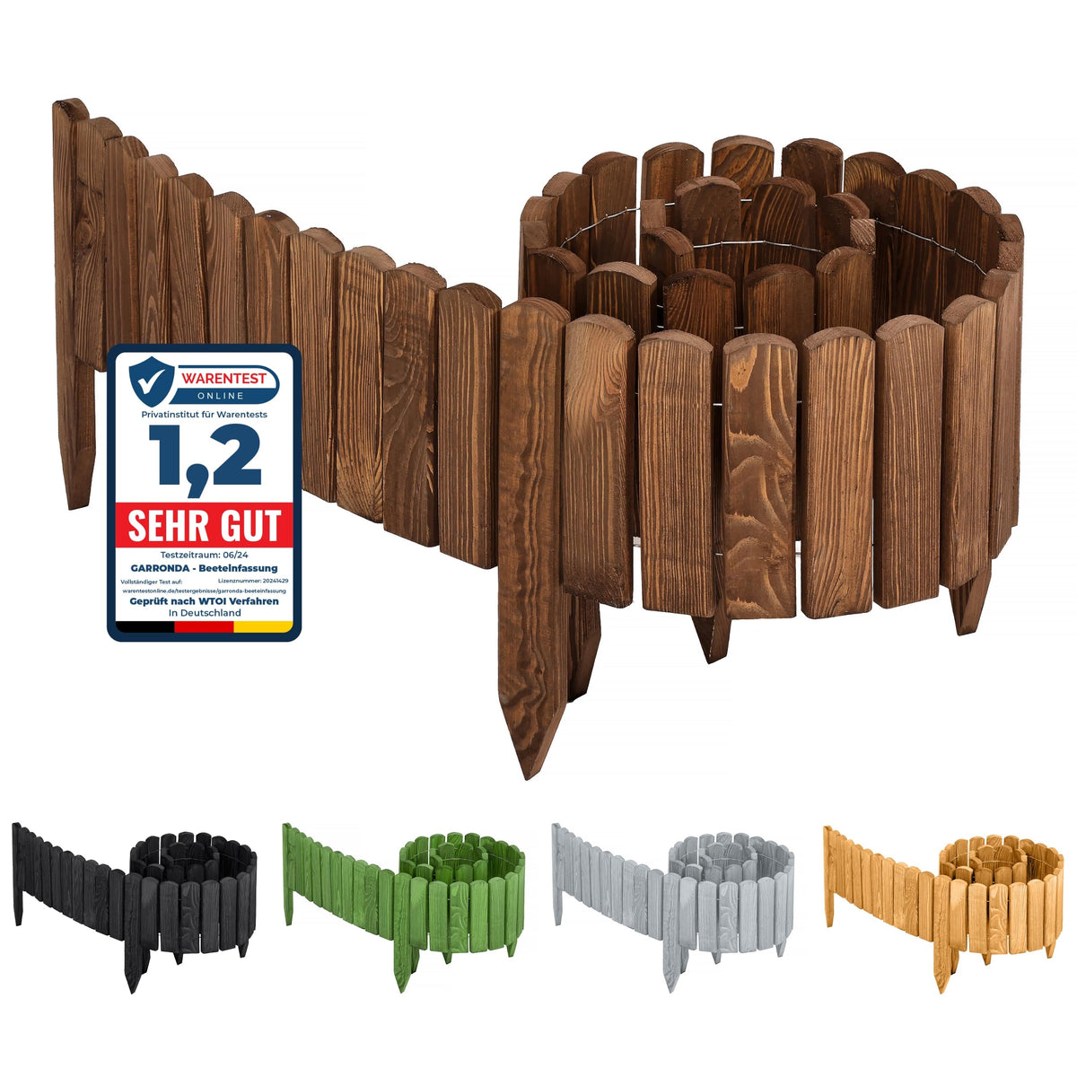 Garronda Rasenkante aus Holz, Rollborder 200 x 30 cm, dunkelbraun, Holzelemente mit verzinktem Draht zum Stecken