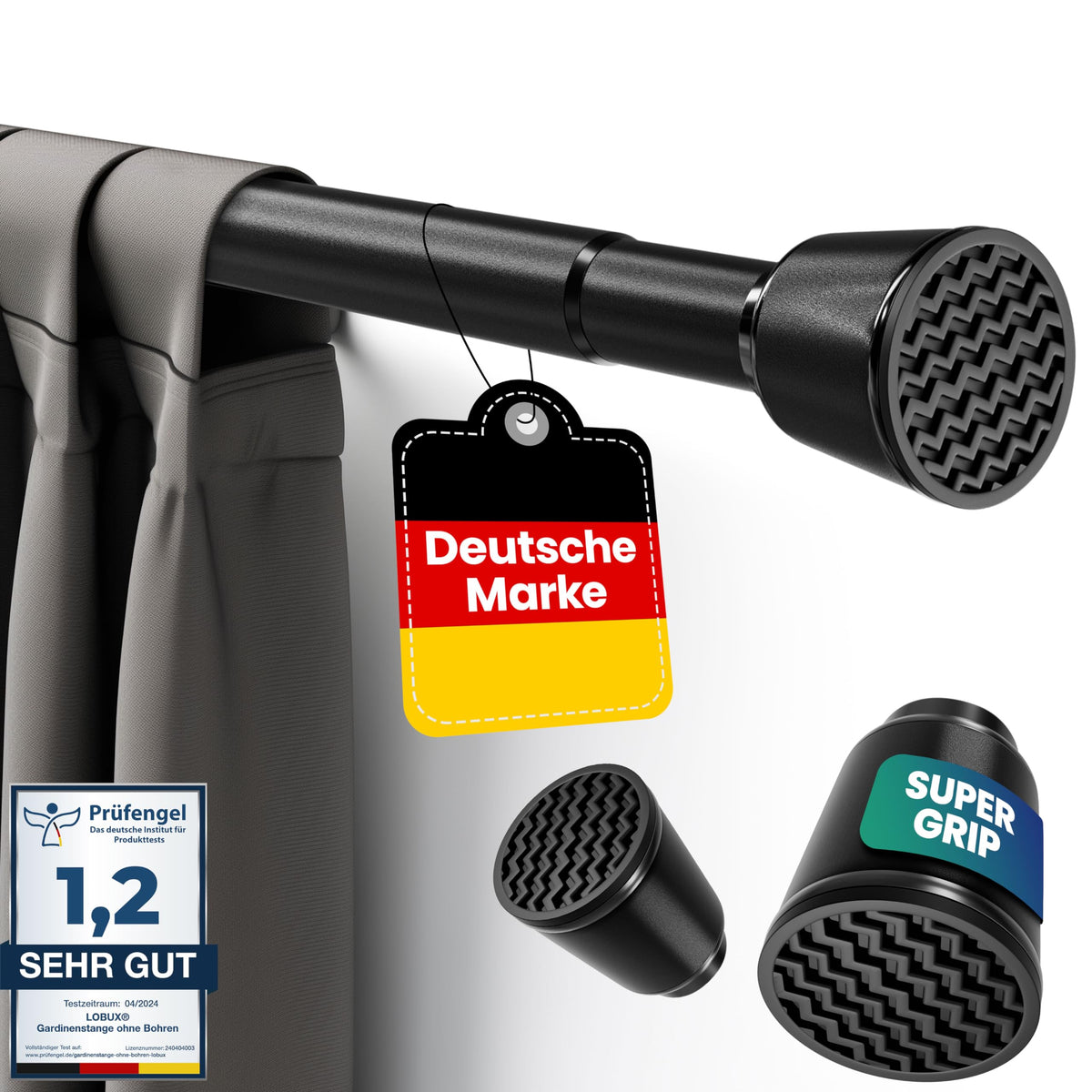 LOBUX Gardinenstange ohne Bohren, Teleskopstange, schwarz, 210–300 cm aus pulverbeschichtetem Karbonstahl