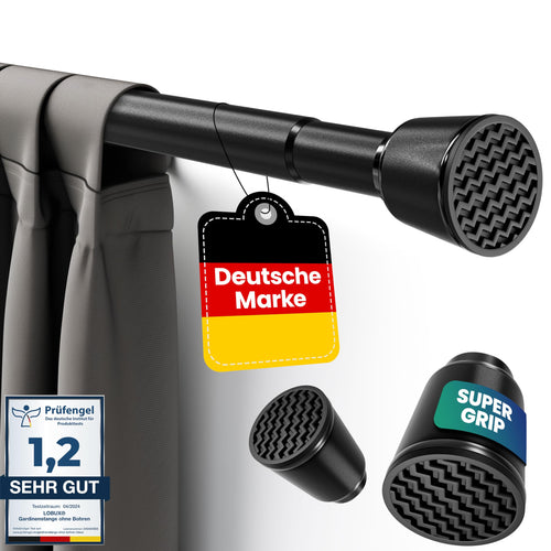 LOBUX Gardinenstange ohne Bohren, Teleskopstange, schwarz, 210–300 cm aus pulverbeschichtetem Karbonstahl