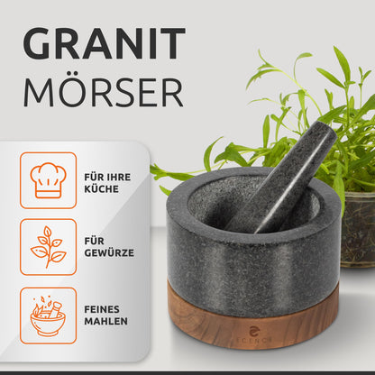 ECENCE Mörser mit Stössel, Naturgranit, Akazienholz-Sockel, Ø 15,5 cm