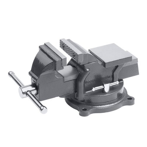 Meister Tischschraubstock drehbar 125 mm – Modell 5144500. Robuster blaugrauer Schraubstock mit 125 mm Spannbacken zur flexiblen Werkstückfixierung.