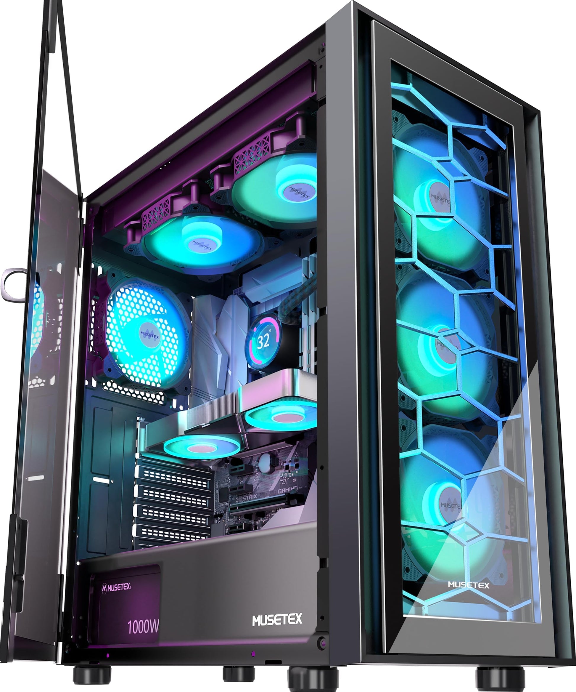 MUSETEX G07 Gaming PC Gehäuse ATX - Schwarz, 6 ARGB Lüfter. Schwarzes ATX Towergehäuse zur Aufnahme von PC-Hardware für Gaming.