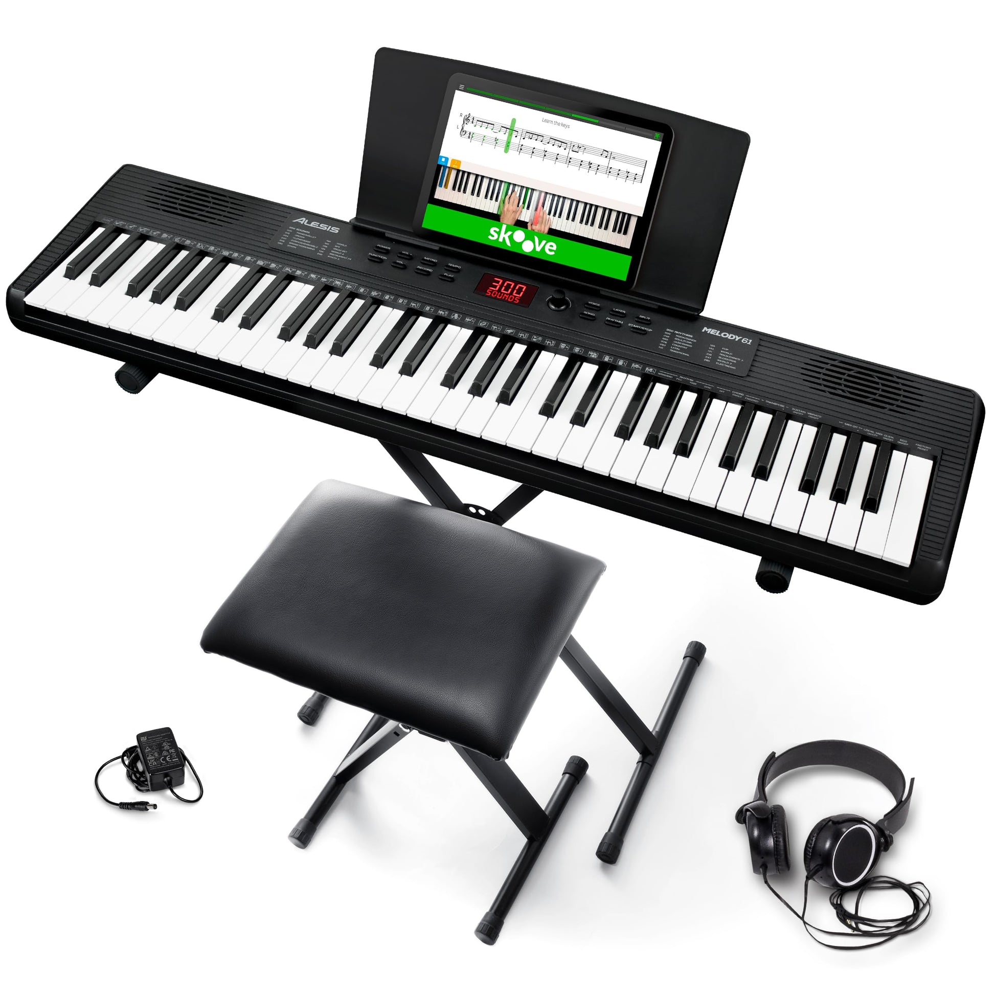 Alesis Melody 61 Digitalpiano – 61 Tasten Anfänger-Komplett-Set: Schwarzes 61-Tasten Digitalpiano für Anfänger zum Musizieren.