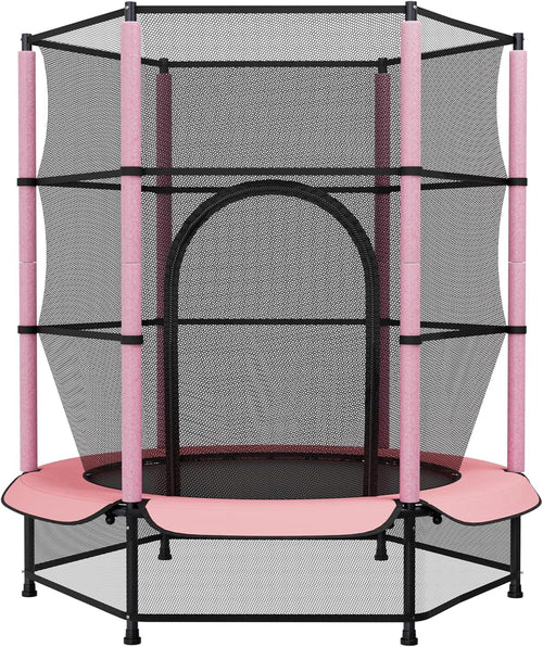 LIFERUN Kindertrampolin Ø 140 cm mit Sicherheitsnetz, Rosa – rundes Sprungtuch und gepolsterter Rand