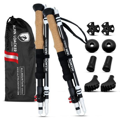 ALPIN LOACKER Wanderstöcke faltbar Aluminium mit Korkgriff 100-120 cm – inklusive Schneeteller und Gummipuffer