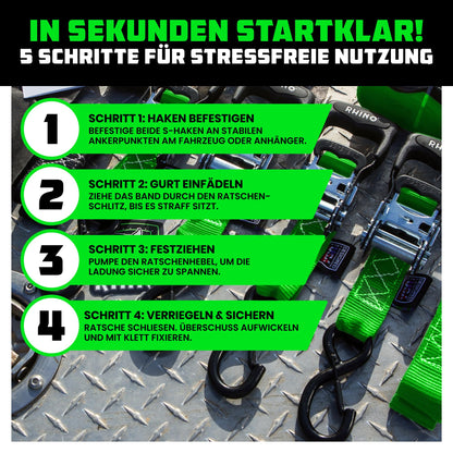 Rhino USA Schwerlast-Ratschengurt-Set 4er-Pack, 4 cm x 2,4 m, Grün