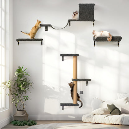 FUKUMARU Katzen Kletterwand Set Holz 10-teilig – Grau. Modulare Holz-Kletterelemente zur Wandmontage für Katzen.