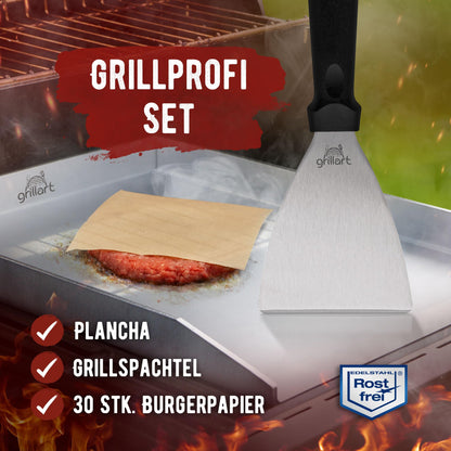 grillart Plancha Grillplatte Edelstahl 4 mm 30x40 cm mit Grillspachtel