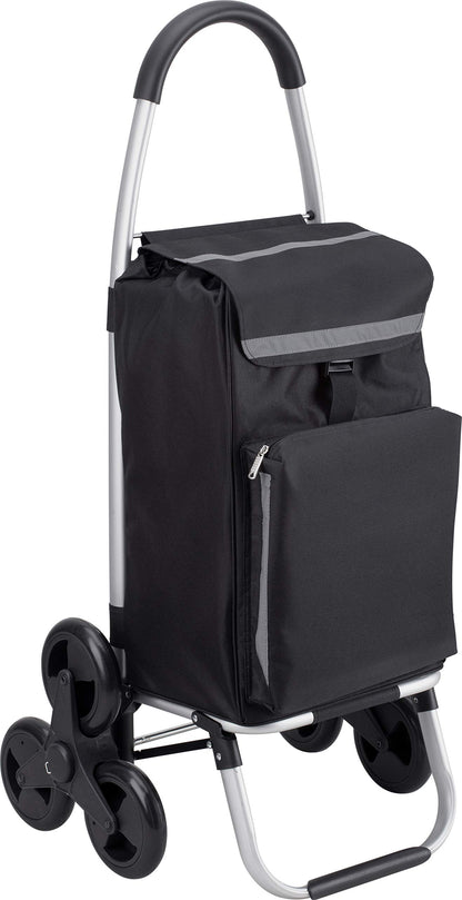 Meister Treppensteiger Einkaufstrolley Schwarz 54+5 L Einkaufsroller. Textilbeutel, Teleskopgriff, Räder. Erleichtert Warentransport.