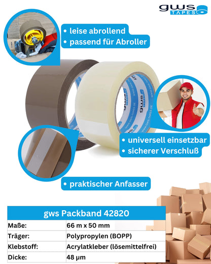 gws Paketklebeband 36 Rollen, farblos, geräuscharm, 66 m x 50 mm