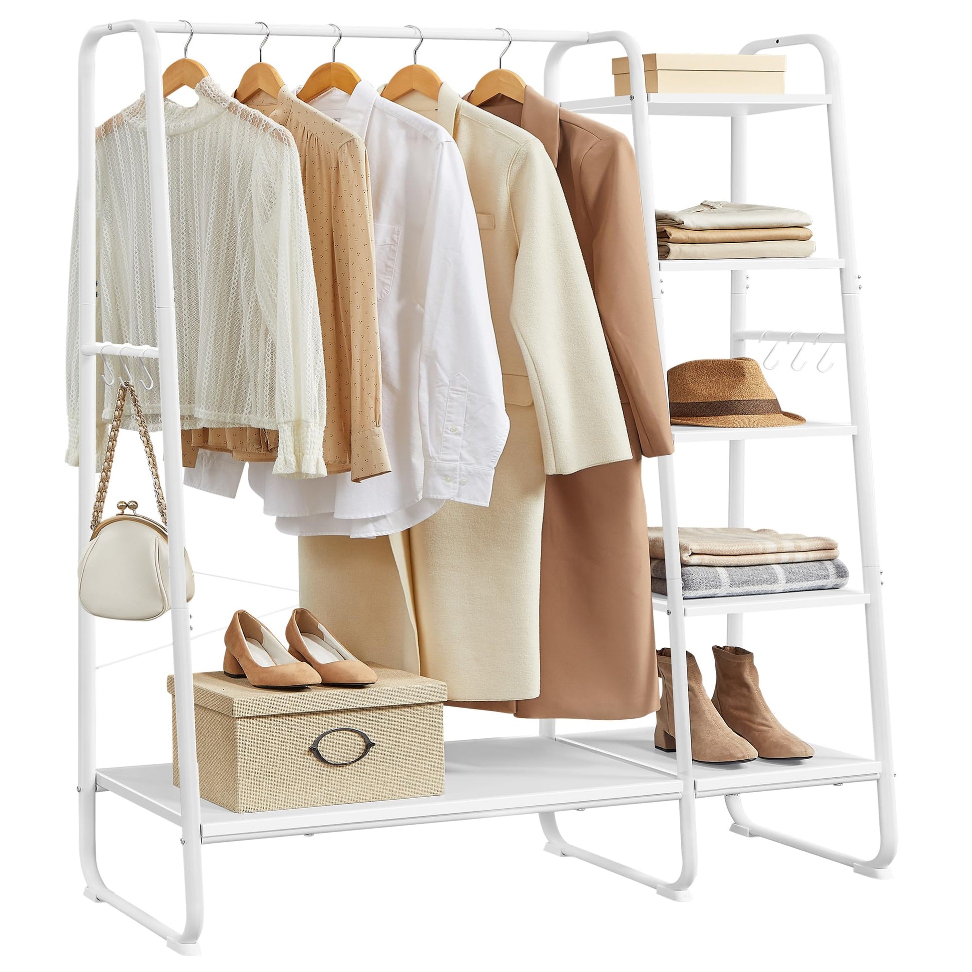 VASAGLE Kleiderständer RGR116W02 mit Schuhablage – Wolkenweiss. Weißes Stahlgestell mit Kleiderstange und Gitterablage für Schuhe. Organisiert Garderobe und Schuhwerk.