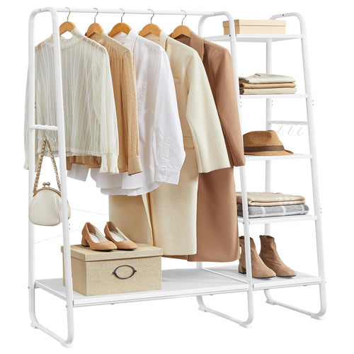 VASAGLE Kleiderständer RGR116W02 mit Schuhablage – Wolkenweiss. Weißes Stahlgestell mit Kleiderstange und Gitterablage für Schuhe. Organisiert Garderobe und Schuhwerk.