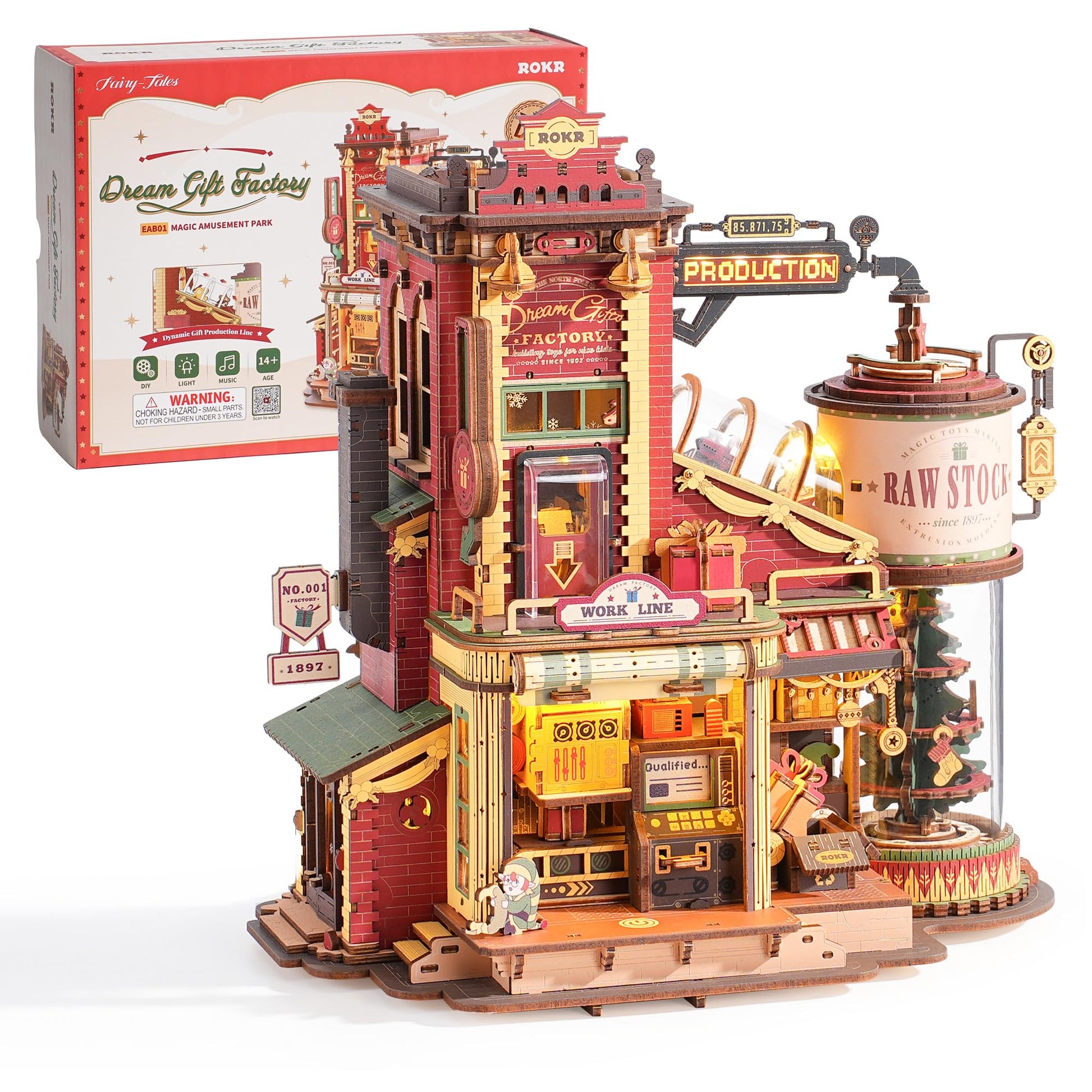 ROKR Traumgeschenkfabrik 3D Holzpuzzle - Musik-Modell EAB01. Mehrfarbiges Holzmodell zum Zusammenbauen, spielt Melodien mechanisch ab.