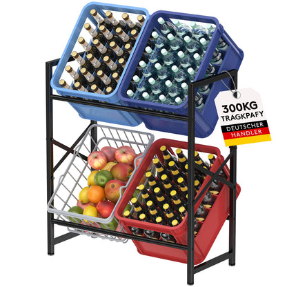 Lifewit Getränkekistenregal aus Metall für 4 Kisten, 300 kg, Schwarz mit Querverstrebungen und verstellbaren Füssen