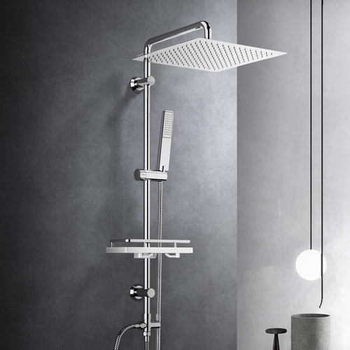 Görbach Regendusche Duschsystem mit Ablage - Chrom (30x30cm). Quadratisches Chrom-Duschsystem mit integrierter Ablage zur Wasserversorgung und Badartikelaufbewahrung.