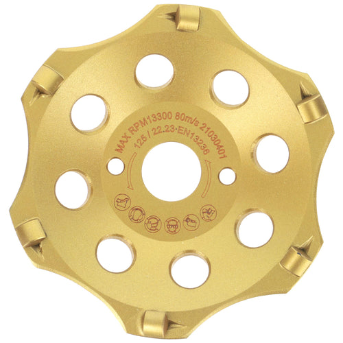 PRODIAMANT PKD Diamantschleiftopf für Winkelschleifer 125mm 6 Segmente, silber, topfförmig. Schleift Beton und Estrich.