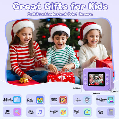 Hangrui H3 Kinderkamera Sofortbildkamera 1080P mit 32-GB-Karte, Lila