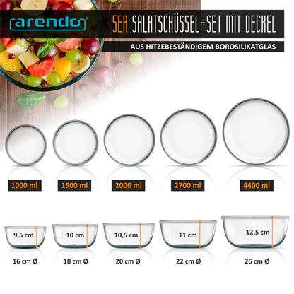 Arendo Salatschüssel Set aus Glas mit Deckel, 5-teilig, 1,0–4,4 l