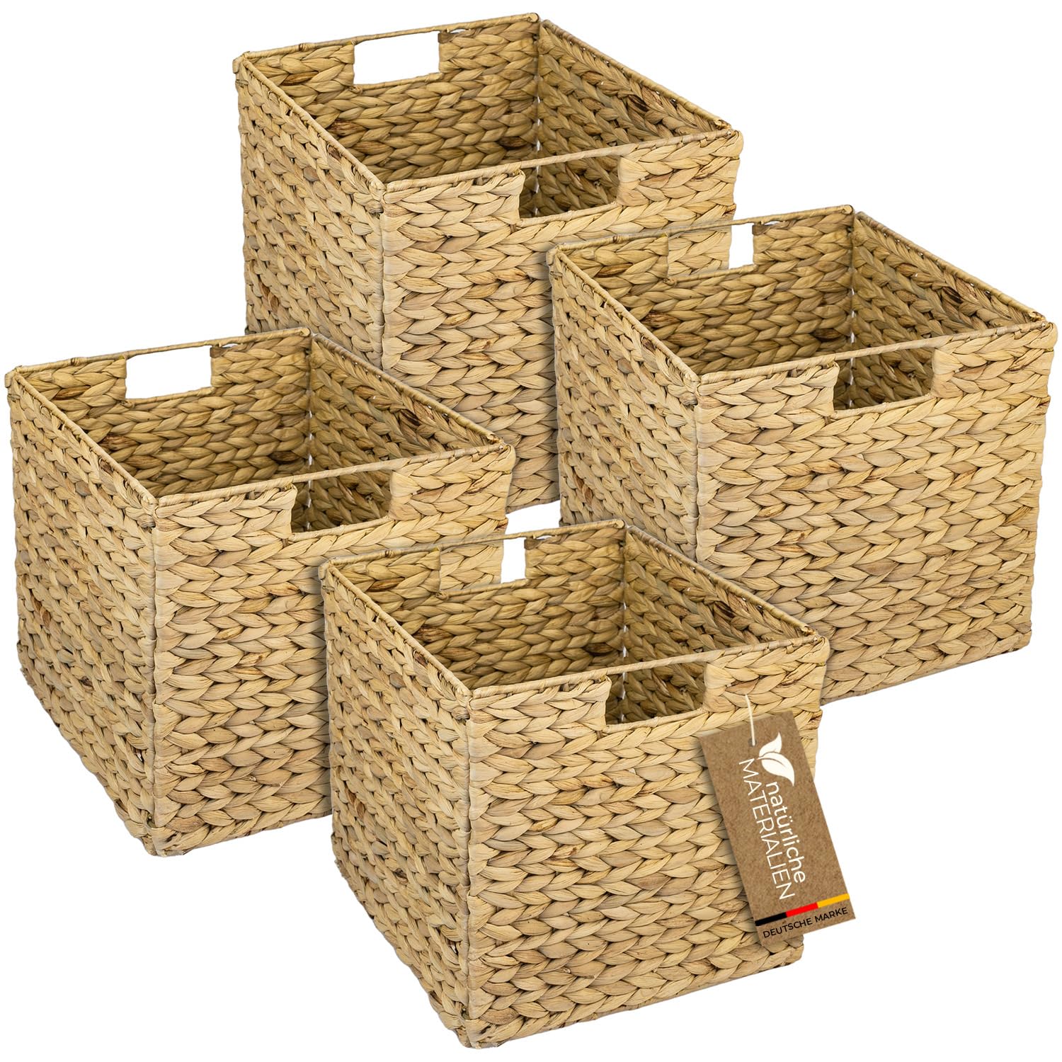 HMF Aufbewahrungskorb Wasserhyazinthe 4er Set – Kallax, naturfarben und würfelförmig, zur Aufbewahrung in Kallax-Regalen.