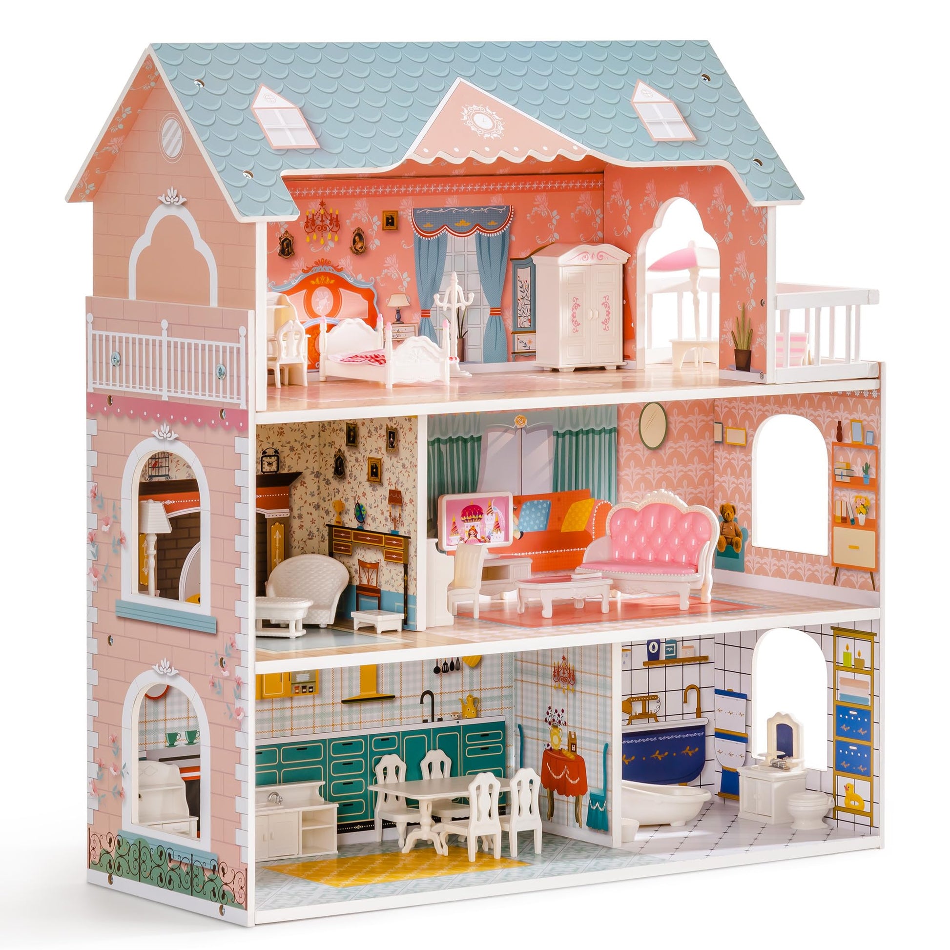 ROBUD Holz-Puppenhaus mit Möbeln & Zubehör – Kinder Spielhaus. Mehrstöckiges Holzhaus für kreatives Rollenspiel mit Puppen.