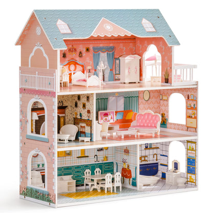 ROBUD Holz-Puppenhaus mit Möbeln & Zubehör – Kinder Spielhaus. Mehrstöckiges Holzhaus für kreatives Rollenspiel mit Puppen.
