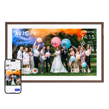 ARZOPA D15 Digitaler Bilderrahmen - 15.6 Zoll Touchscreen Braun. Brauner 15.6 Zoll Digitalrahmen zur Anzeige familiärer Fotos und Videos.