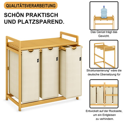 AdelDream Wäschekorb 150 L mit 3 Fächern, Bambusrahmen, Beige