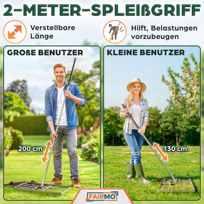 Fairmo Rasenrakel Edelstahl 75x35 cm, Nivellierrechen mit 2 m Stiel