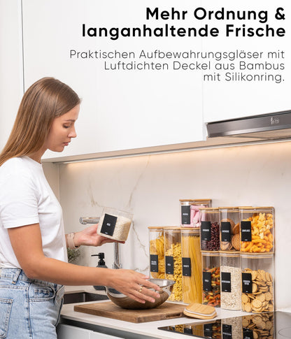 Deco haus Vorratsgläser eckig, 12er Set mit luftdichtem Bambusdeckel