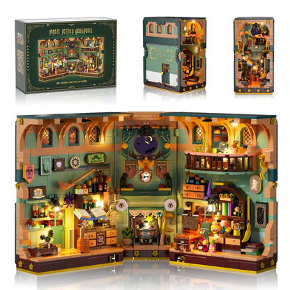 INSOON Zaubertrank Book Nook Bauset mit LED, 990 Klemmbausteine – aufklappbares Buch mit beleuchtetem Zauberlabor