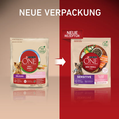 PURINA ONE Mini Delicate Hundefutter trocken Lachs & Reis 8 x 800 g