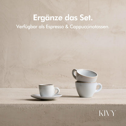 KIVY Cappuccino Tassen 4er Set aus Steingut mit Untertassen, grau