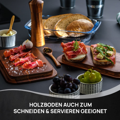 Wemoo Aufschnittboxen 2er Set aus Glas und Akazienholz, stapelbar – Glasbehälter mit Holzdeckel