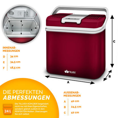 tillvex Kühlbox elektrisch 24L 12V/230V Kühlen/Wärmen - Rot