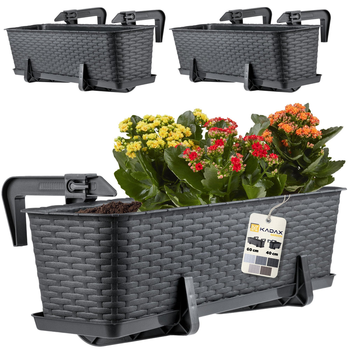 KADAX Blumenkasten 60 cm 3er Set Balkonkasten Kunststoff Anthrazit im Rattan-Stil für Balkon und Garten