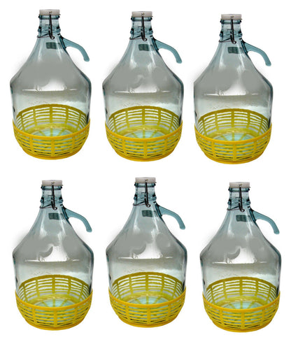 lilawelt24 Gärballon 5L aus Glas mit Bügelverschluss und gelbem Kunststoffkorb, 6er-Set