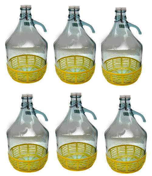 lilawelt24 Gärballon 5L aus Glas mit Bügelverschluss und gelbem Kunststoffkorb, 6er-Set