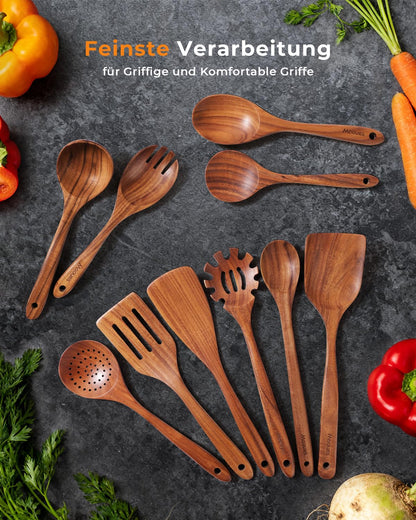 Mooues Kochbesteck-Set aus natürlichem Teakholz, 10-teilig