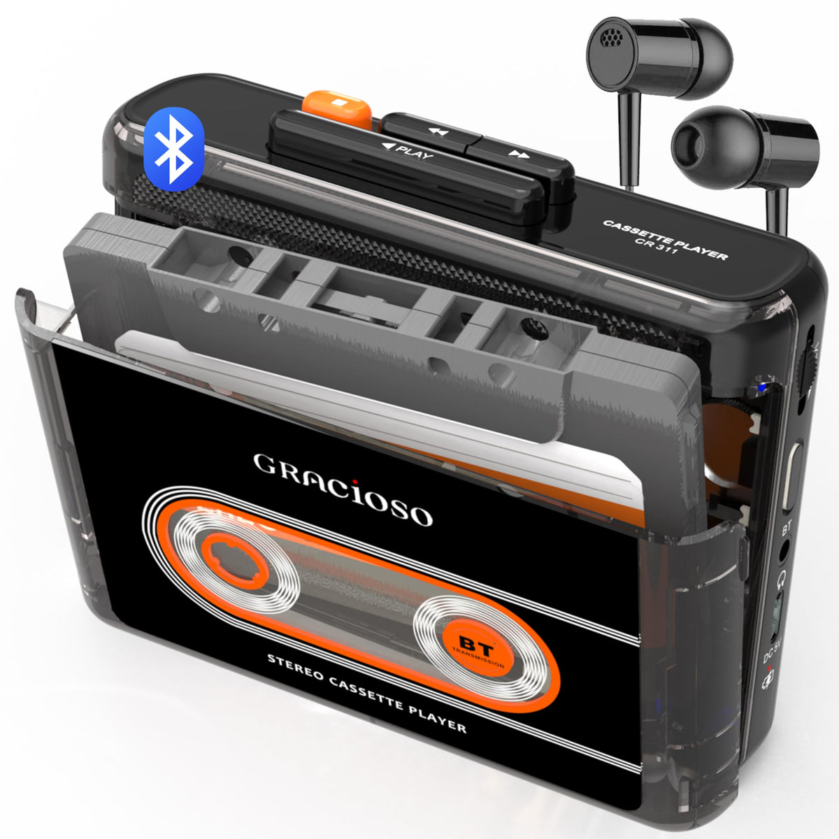 Gracioso 311 Kassettenspieler mit Bluetooth, Akku und Kopfhörer, schwarz, transparentes Gehäuse mit Clip
