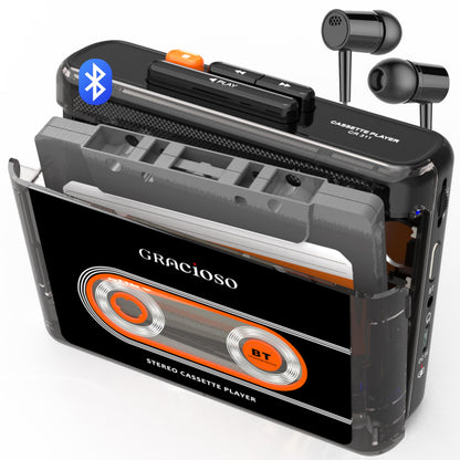 Gracioso 311 Kassettenspieler mit Bluetooth, Akku und Kopfhörer, schwarz, transparentes Gehäuse mit Clip