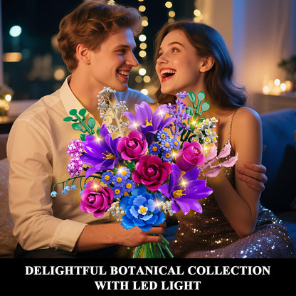 CUBIMANA Blumenstrauss Klemmbausteine mit LED-Licht, 21 Blumen, lila