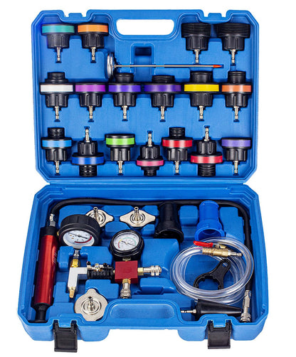 GOTLUCK 28 TLG Kühlsystemtester – Abdrückgerät & Lecksucher: Werkzeugsatz zur Druckprüfung & Lecksuche in Fahrzeug-Kühlsystemen.