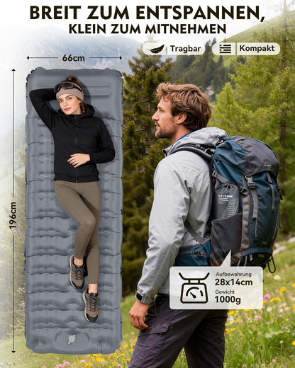 HIKENTURE Isomatte 12 cm, aufblasbar mit Kissen und Fusspumpe, grau