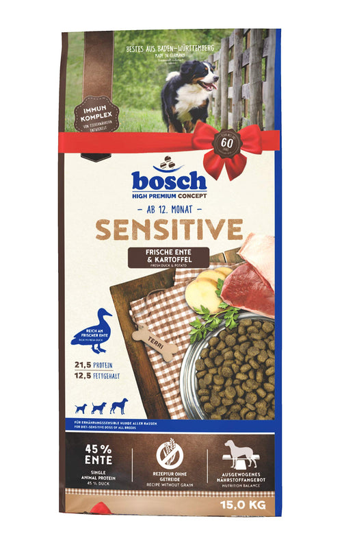 Bosch HPC Sensitive Ente & Kartoffel Hundetrockenfutter - 15 kg: Braune Kroketten. Hochwertiges Alleinfutter für verdauungssensible Hunde.