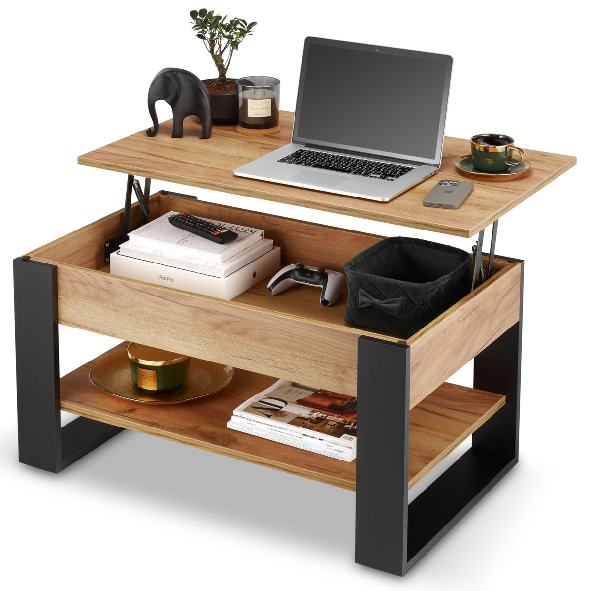 defiPad Couchtisch Höhenverstellbar mit Stauraum – Schwarz/Eiche. Flexibler Wohnzimmertisch in Schwarz/Eiche mit Hebefunktion und integriertem Stauraum.
