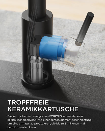 FORIOUS Ausziehbar L-Form Edelstahl Küchenarmatur - Schwarz