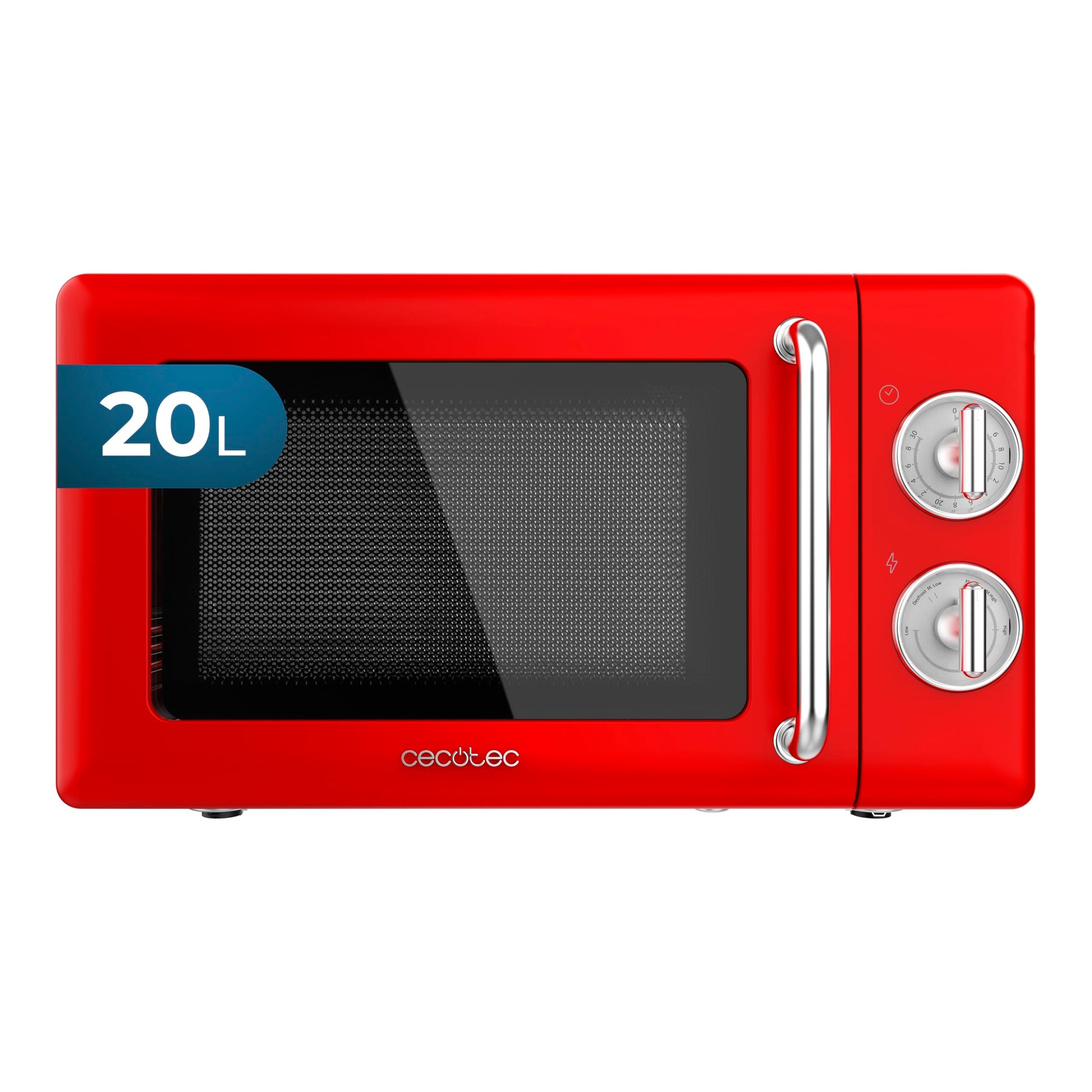 Cecotec Proclean 3010 Retro Red Mechanische Mikrowelle - 20L. Roter, quaderförmiger Korpus. Zum Erwärmen von Speisen.