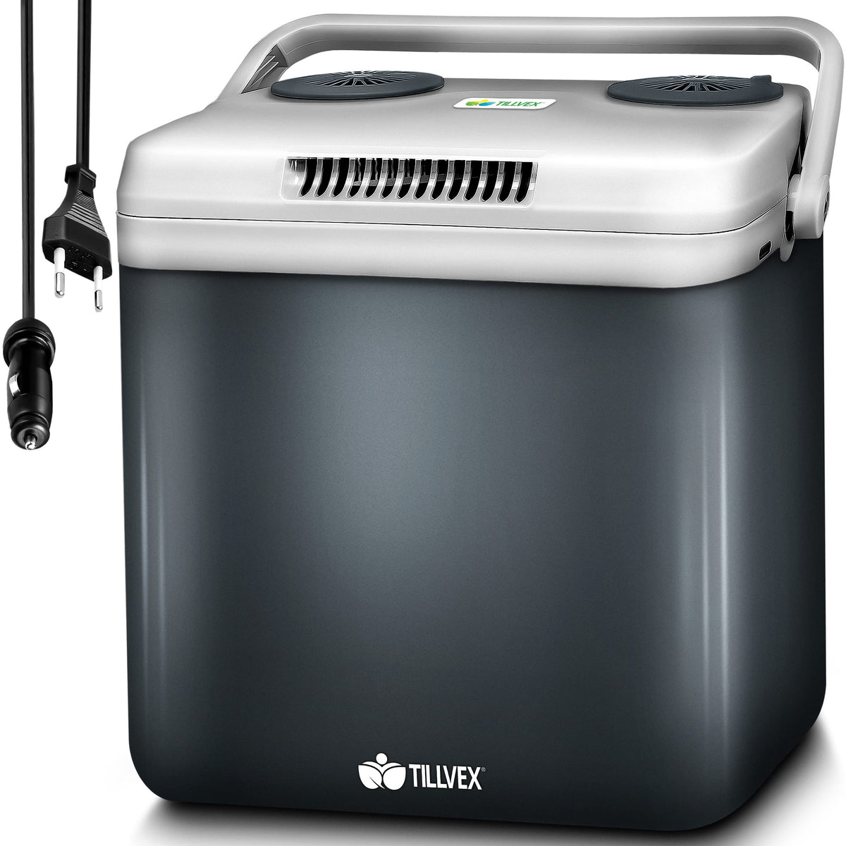 tillvex Kühlbox elektrisch 32L Mini-Kühlschrank 12V/230V: Graue Box, kühlt Speisen mobil (12V) u. Netz (230V).