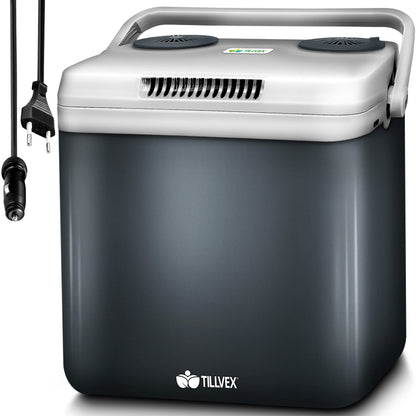 tillvex Kühlbox elektrisch 32L Mini-Kühlschrank 12V/230V: Graue Box, kühlt Speisen mobil (12V) u. Netz (230V).